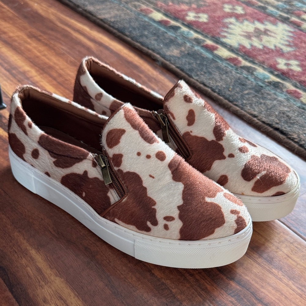 Brown and White Cow Print Slip-On Sneakers